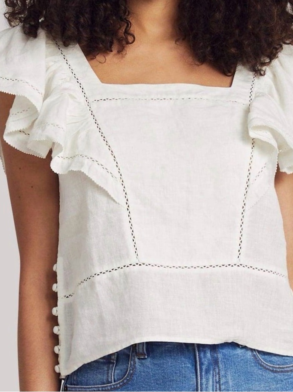 Faherty NEVER WORN White Linen Ruffle-Sleeve Square-Neck Top Button Detail
